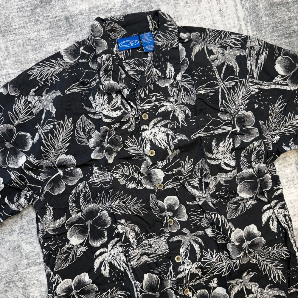 Y2K Ocean Pacific OP Hawaiian Shirt Mens Large Black Gray Floral Aloha Y2K Surf